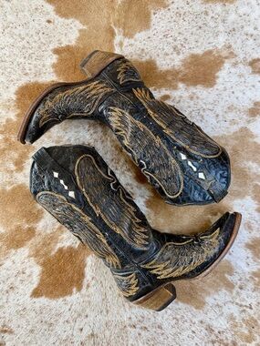 Womens 5.5 Corral Black Silver & Gold Wing & Cross Cowboy Boots Leather Snip Toe
